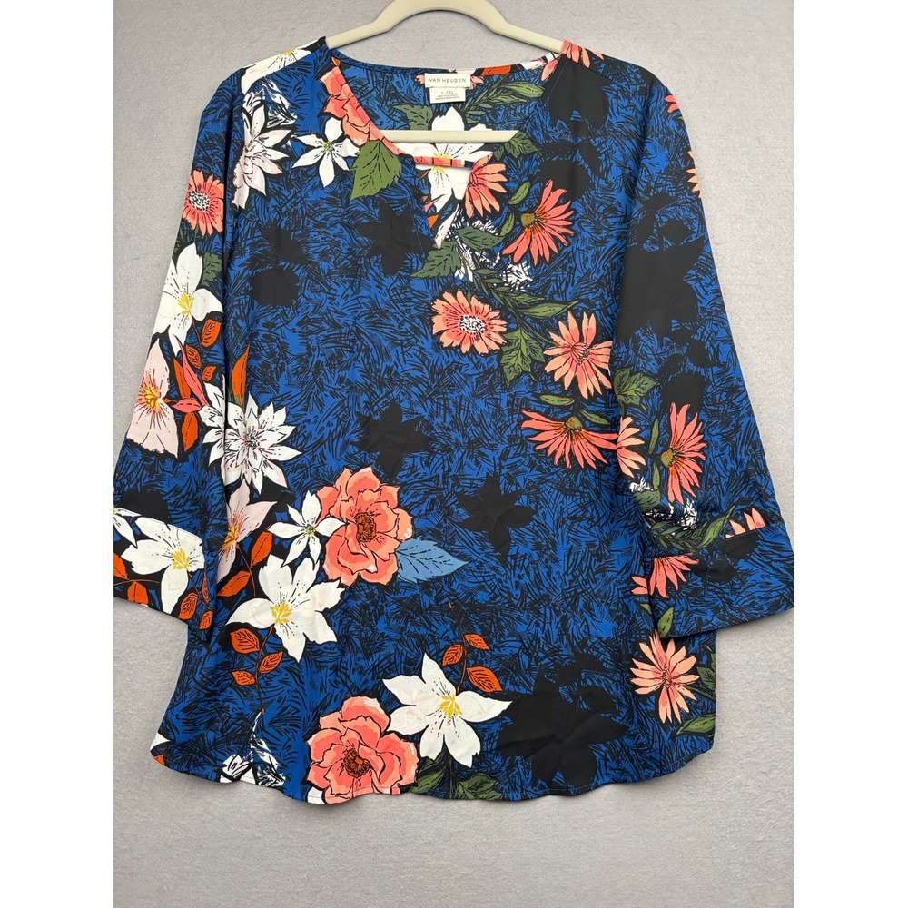 Van Heusen Blouse Womens L Floral Split Neck‎ 3/4 Sleeve Top